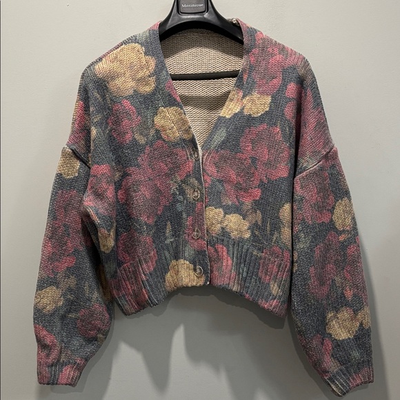 Zara Floral Knit Cardigan L Grey Pink Oversized Button Front - Picture 2 of 14